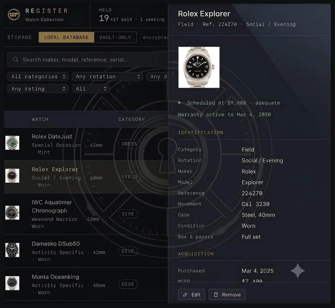 The Watch Register application: a register listing watches by category with thumbnails, beside a detail panel showing one piece's identification, valuation, warranty and acquisition record.